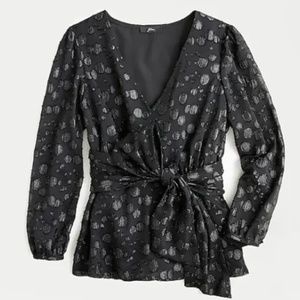 J.Crew celeste tie-waist v-neck top - black metallic dot - size XS - Retail $118